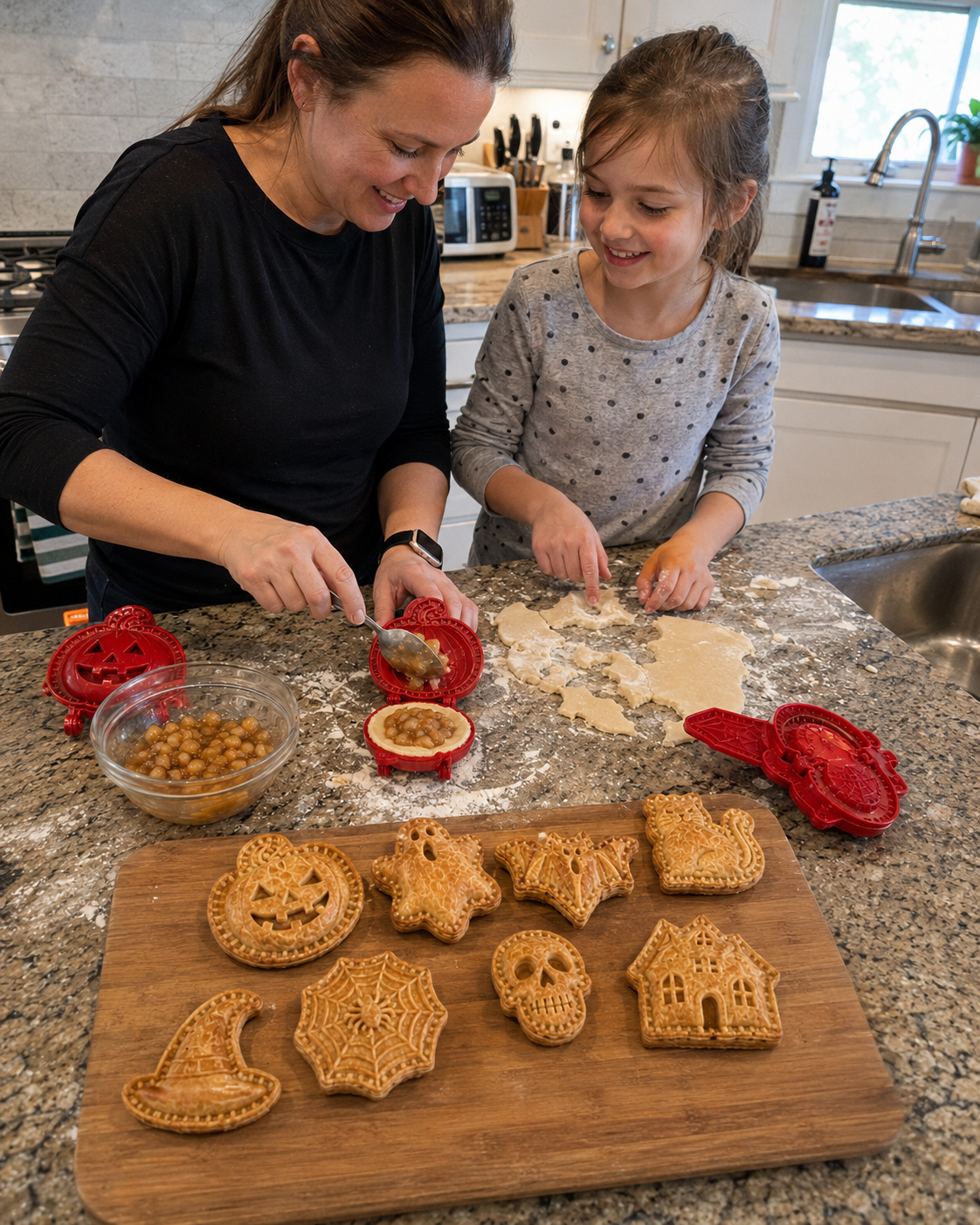 Parent and child making Halloween hand pies together