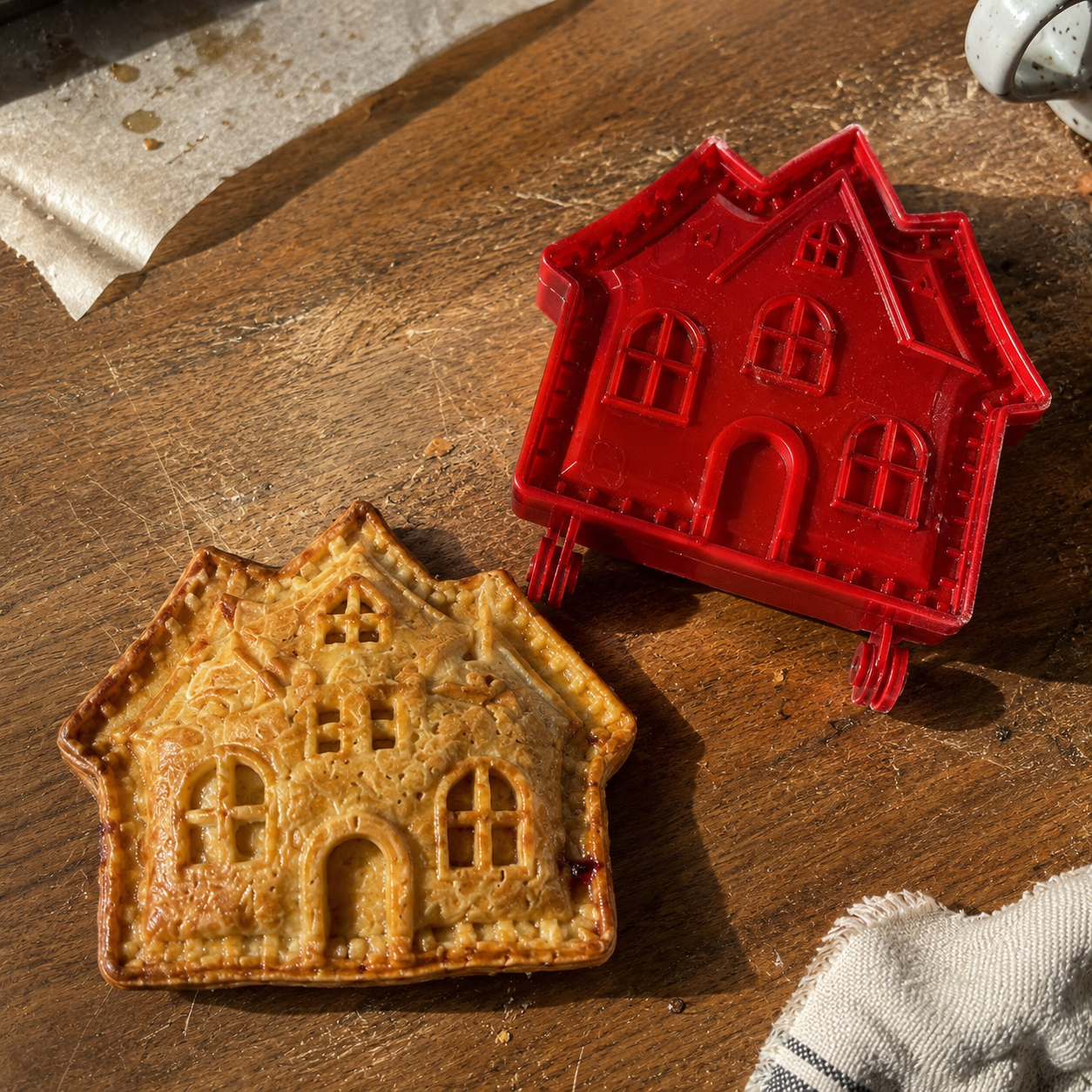 Haunted-house pie mold beside the finished baked hand pie