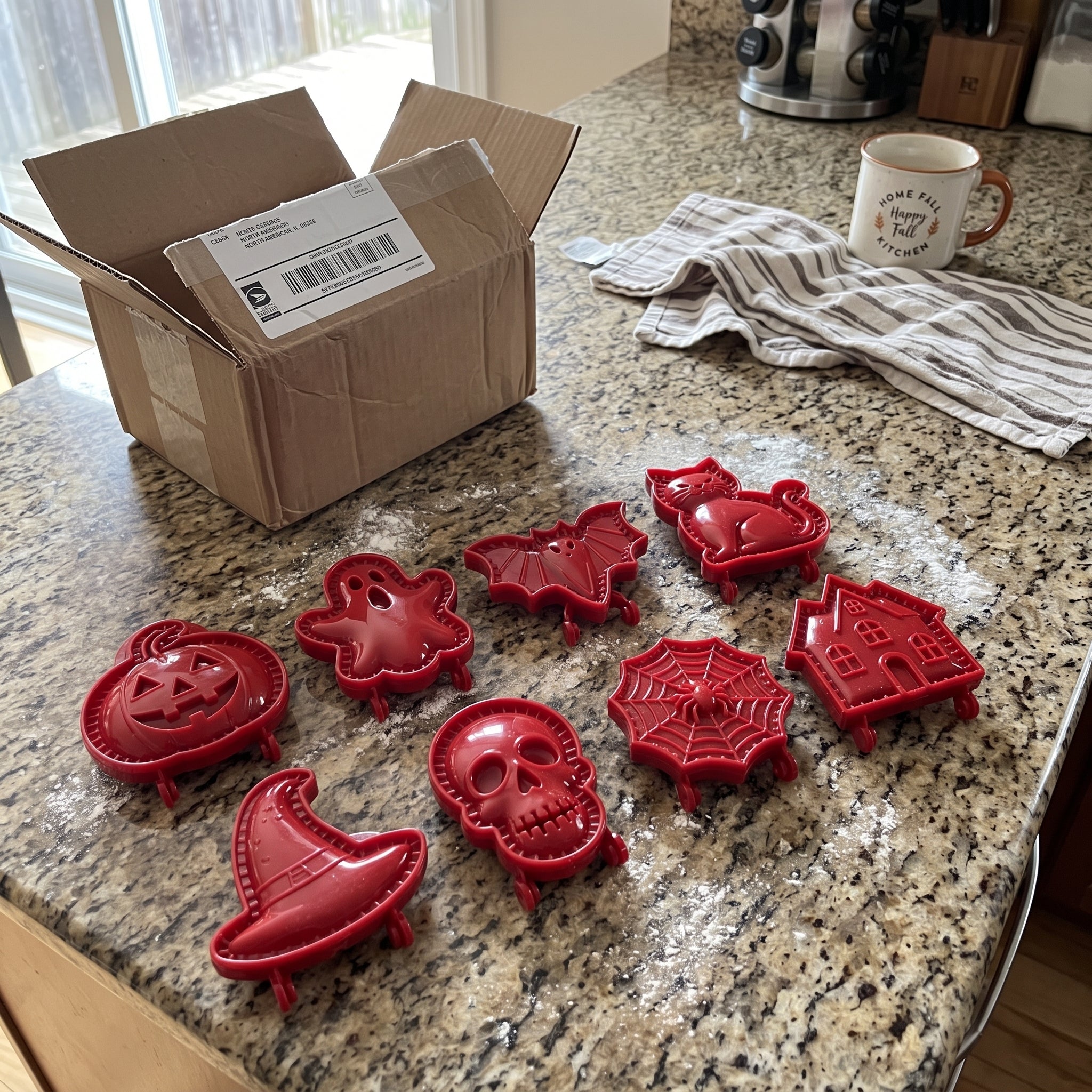 Halloween hand pie mold set unpacked on a kitchen counter