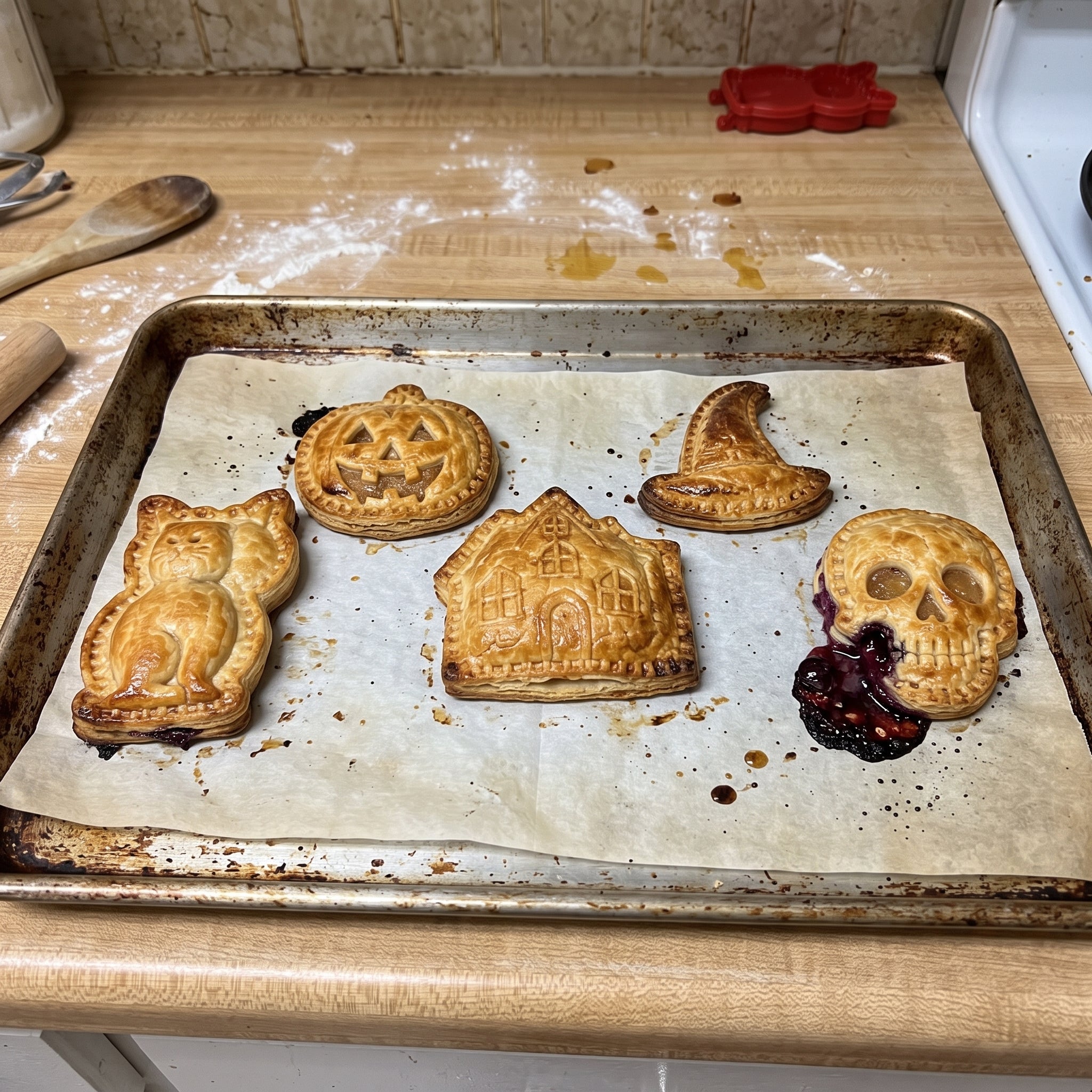 Baked Halloween hand pies on a home baking tray